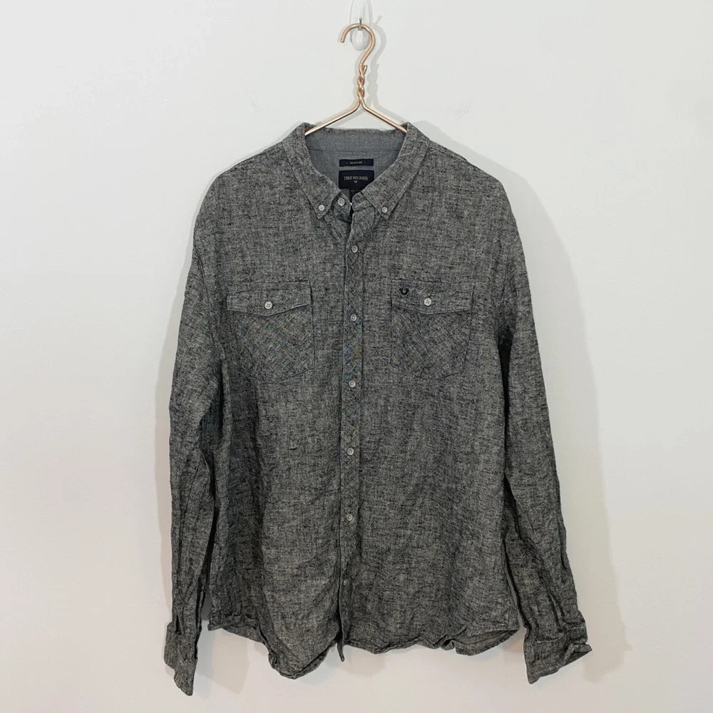 True Religion Mens‎ 3XL Gray 100% Linen Button Down Shirt Top